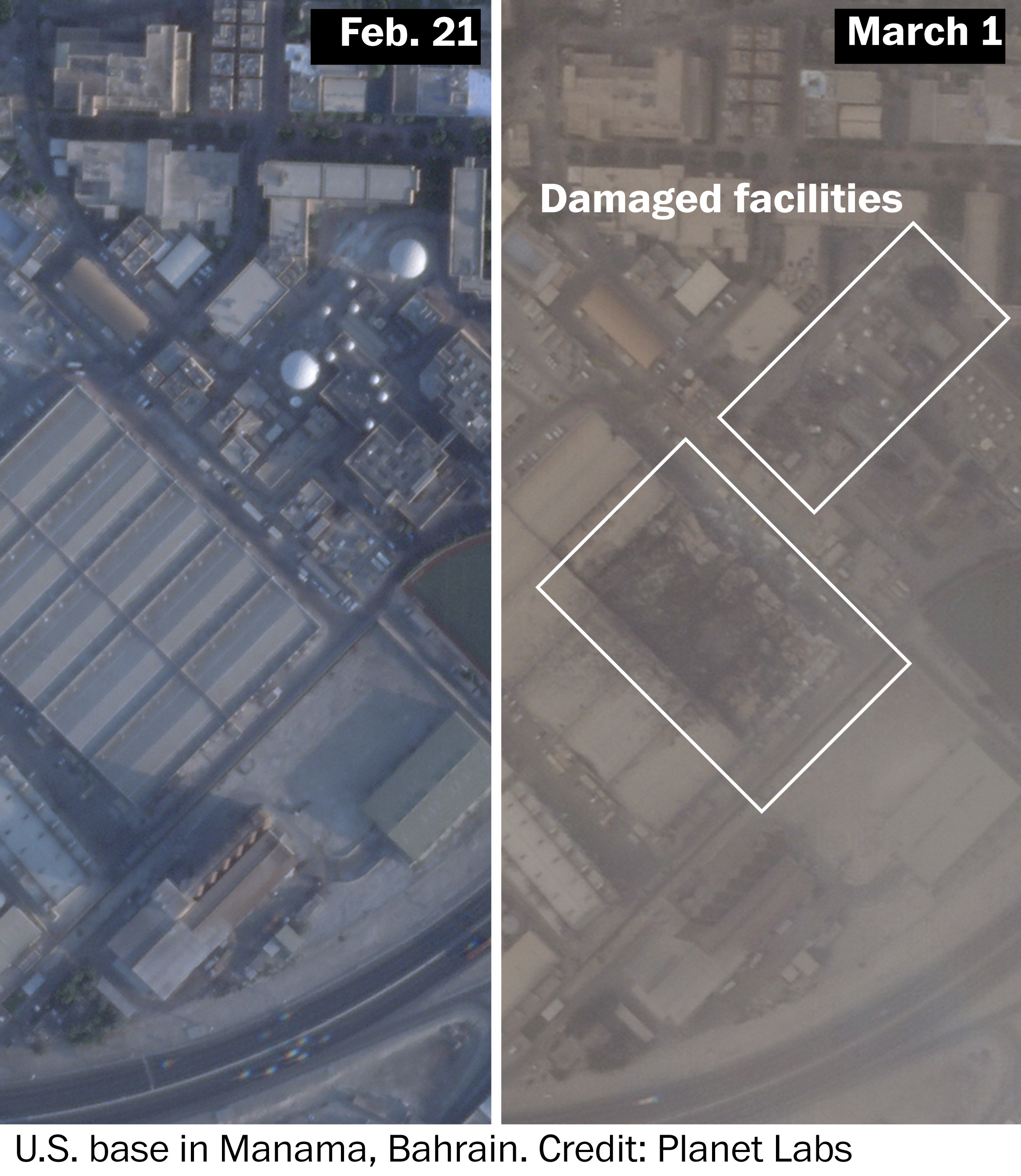 Planet Labs before-and-after satellite comparison showing damaged facilities at the U.S. Fifth Fleet headquarters in Bahrain between February 21 and March 1, 2026