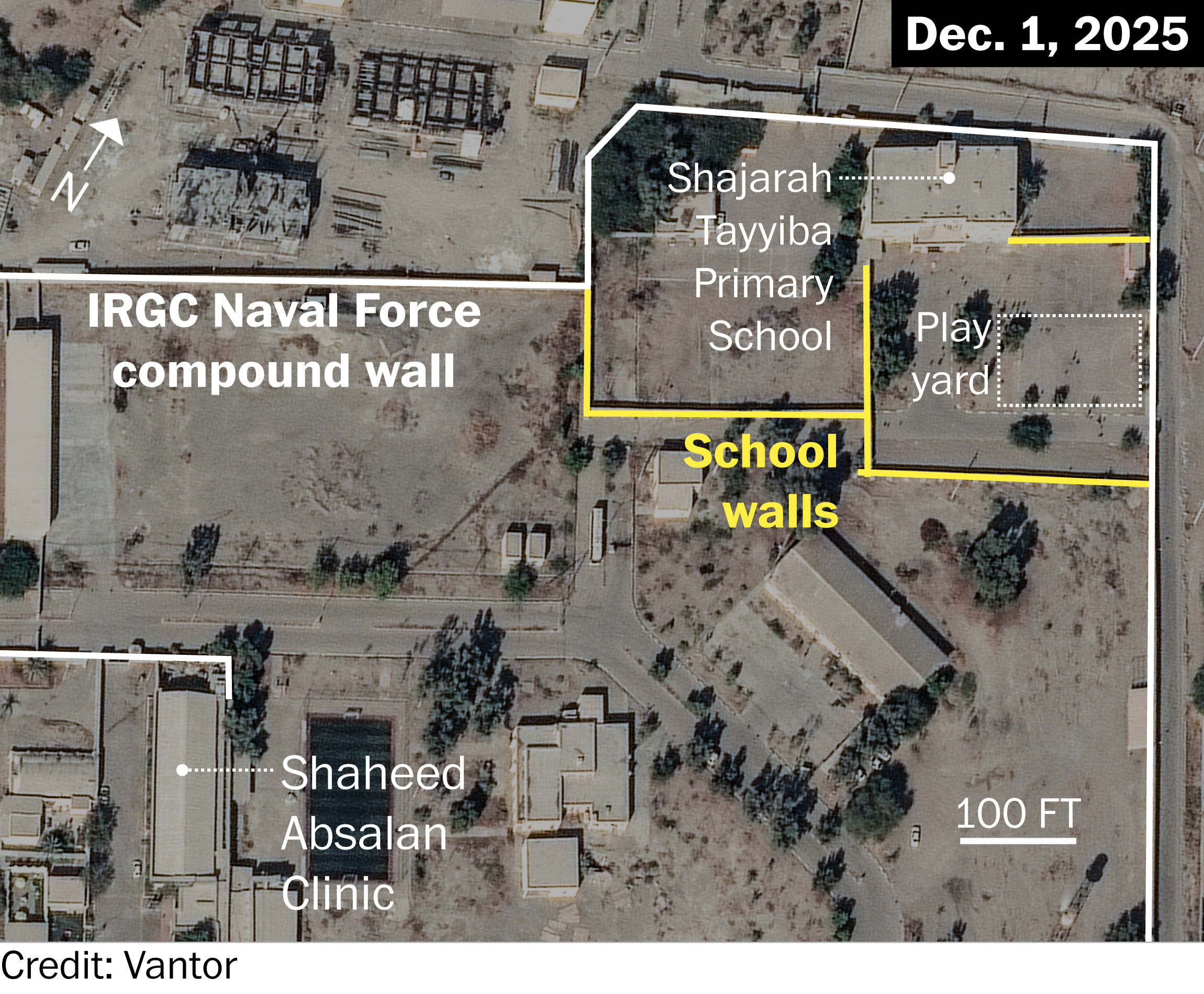 Annotated satellite image showing the school boundary and adjacent IRGC compound in Minab.